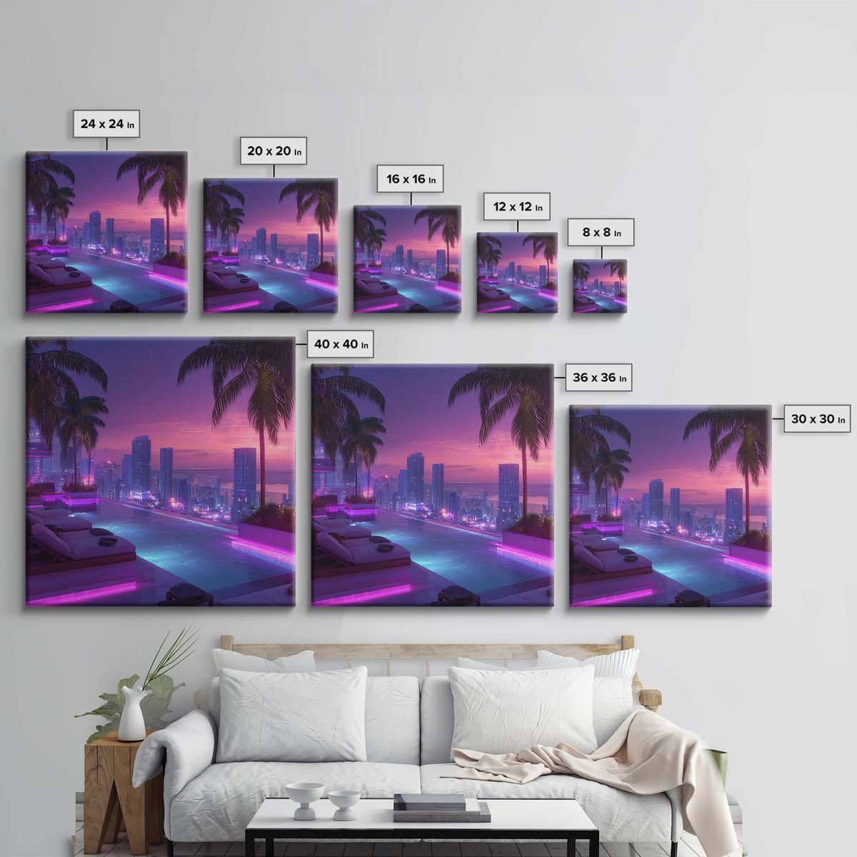 Neon City Rooftop Pool At Dusk Wall Art, Futuristic Skyline Canvas Print For Modern Apartment Decor And Gaming Room