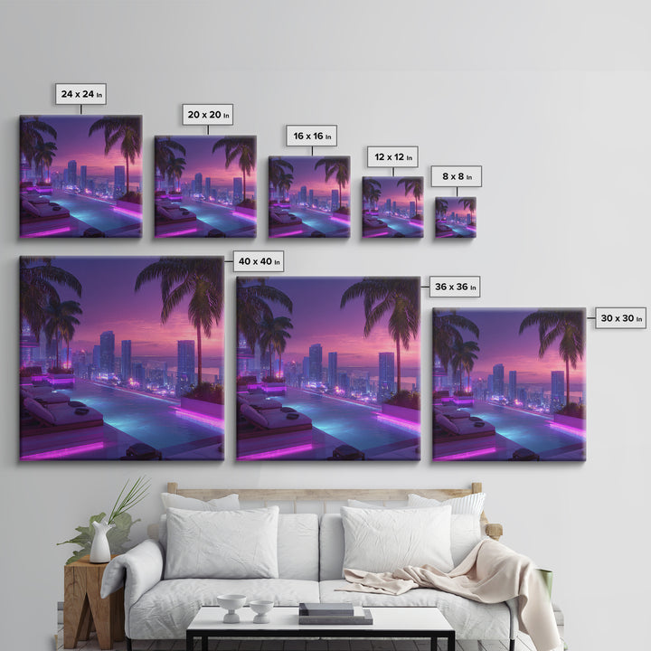 Neon City Rooftop Pool At Dusk Wall Art, Futuristic Skyline Canvas Print For Modern Apartment Decor And Gaming Room