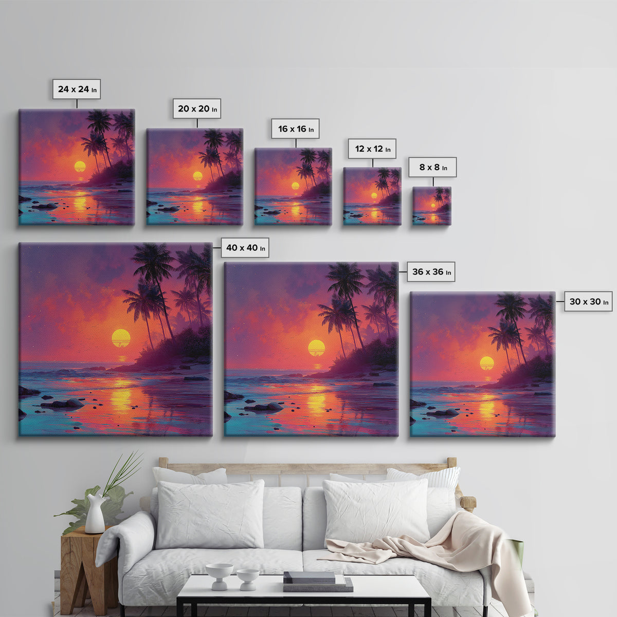 Vibrant Tropical Sunset Beach Wall Art, Colorful Palm Tree Ocean Canvas Print, Coastal Decor, Relaxing Summer Seascape
