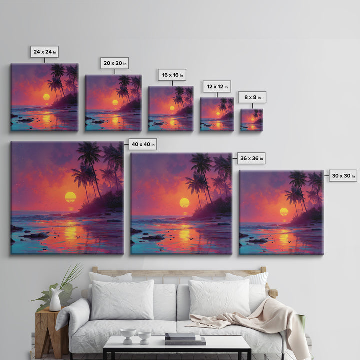 Vibrant Tropical Sunset Beach Wall Art, Colorful Palm Tree Ocean Canvas Print, Coastal Decor, Relaxing Summer Seascape