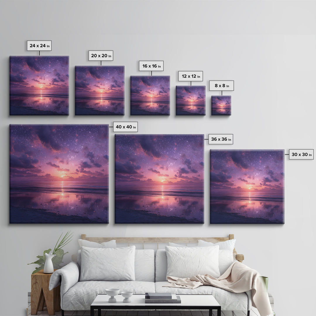 Dreamy Starlit Ocean Sunset Wall Art, Purple Night Sky Seascape Canvas Print, Calming Coastal Decor, Bedroom Artwork