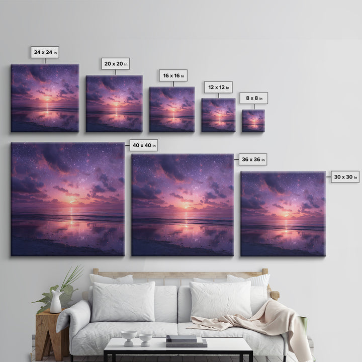 Dreamy Starlit Ocean Sunset Wall Art, Purple Night Sky Seascape Canvas Print, Calming Coastal Decor, Bedroom Artwork