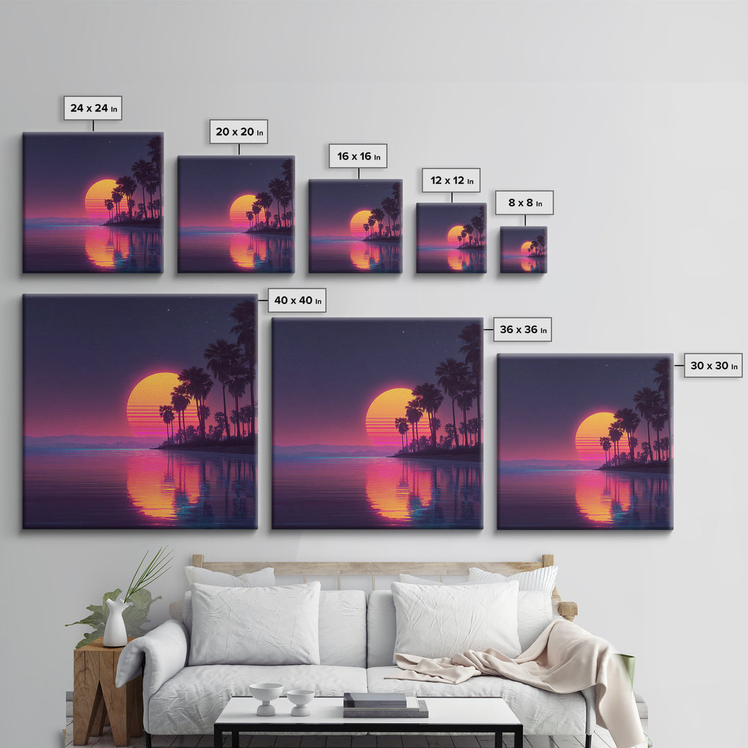 Neon Palm Tree Sunset Over Tropical Beach Wall Art, Retro Coastal Home Decor, Modern Landscape Art Print, Living Room Decor
