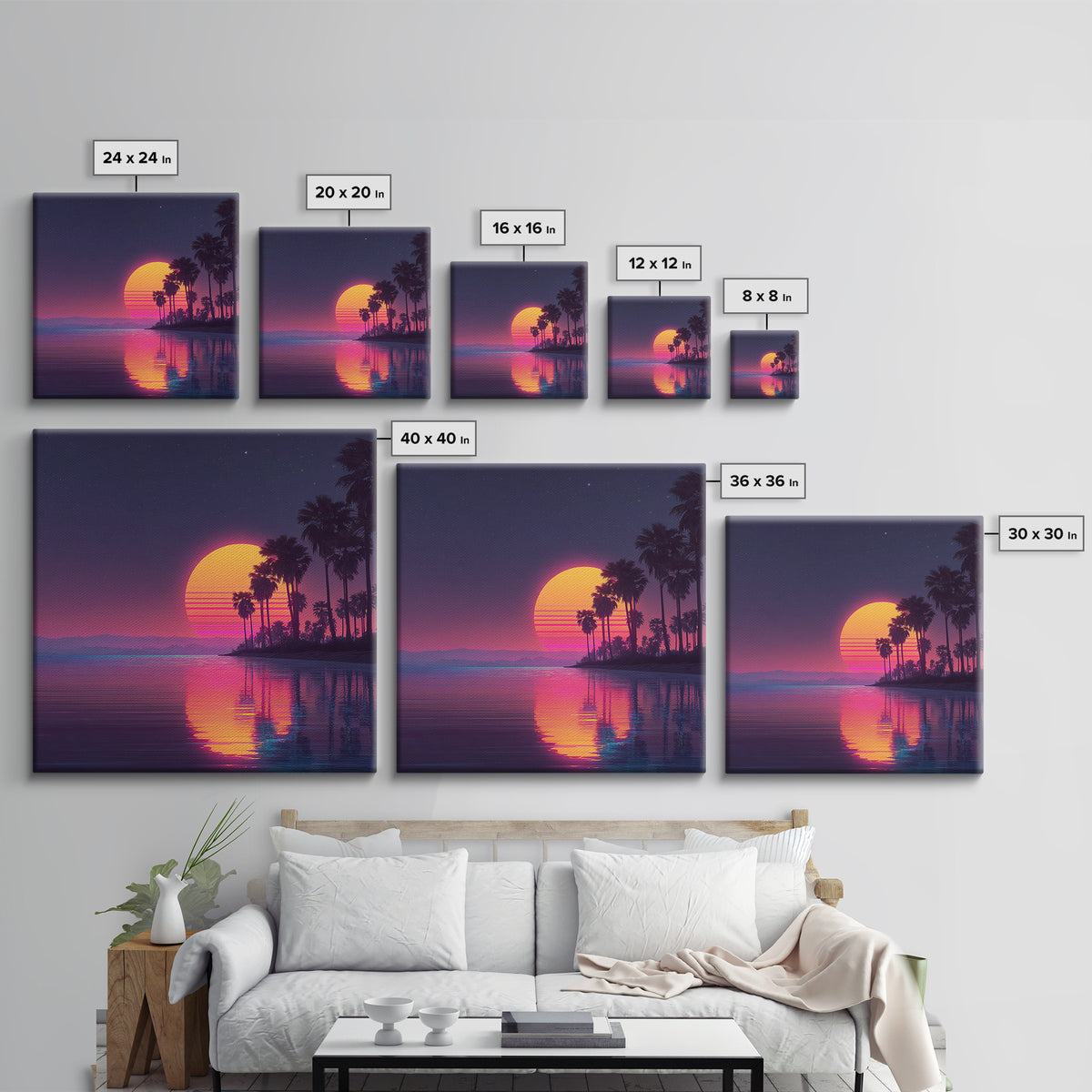 Neon Palm Tree Sunset Over Tropical Beach Wall Art, Retro Coastal Home Decor, Modern Landscape Art Print, Living Room Decor