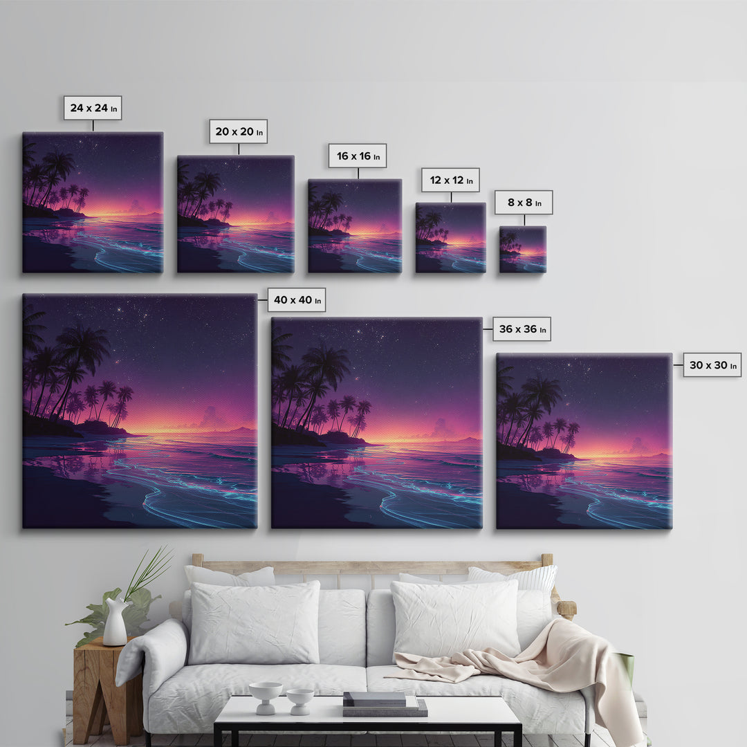 Neon Night Beach With Palm Trees Canvas Print, Dreamy Coastal Ocean Wall Art, Retro Tropical Bedroom And Living Room Decor