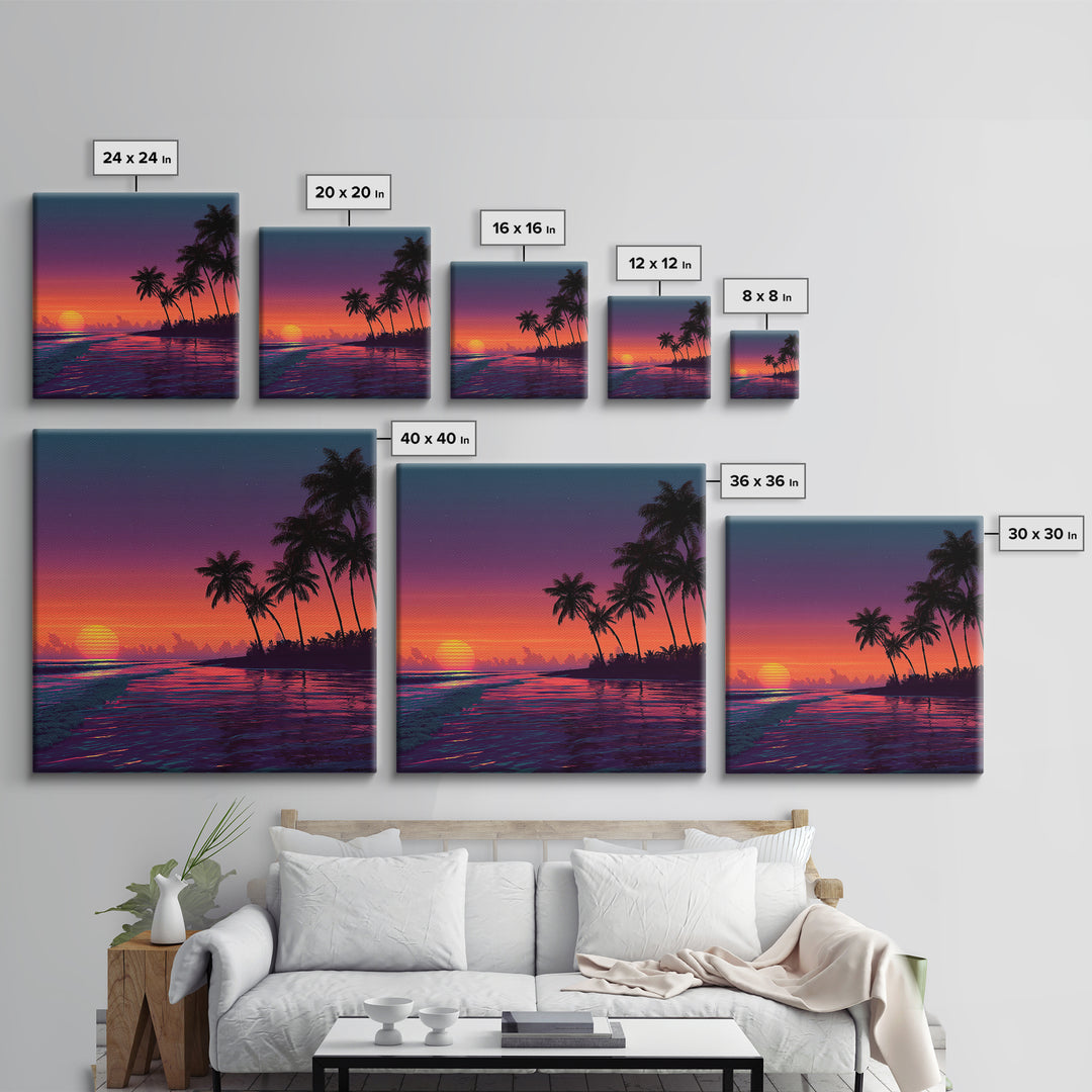 Neon Tropical Sunset Beach With Palm Trees Canvas Print, Coastal Wall Art, Colorful Ocean Art, Modern Home Decor Living Room