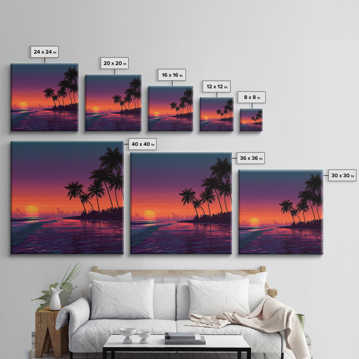 Neon Tropical Sunset Beach With Palm Trees Canvas Print, Coastal Wall Art, Colorful Ocean Art, Modern Home Decor Living Room