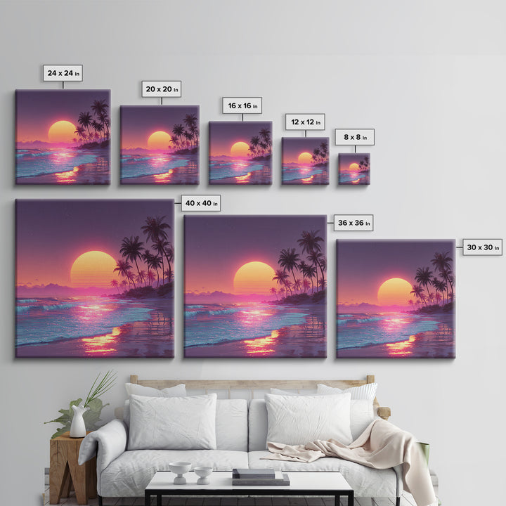 Pink Neon Beach Sunset Wall Art, Dreamy Vaporwave Ocean Canvas Print, Retro Coastal Landscape Art For Bedroom Or Living Room Decor