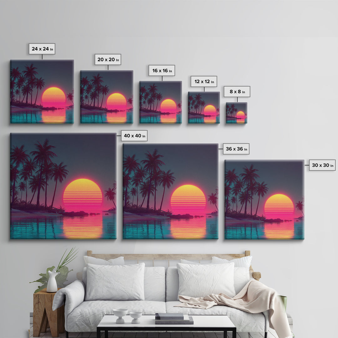 Neon Tropical Palm Trees And Retro Sunset Beach Wall Art, Vaporwave Coastal Canvas Print, Aesthetic Room Decor