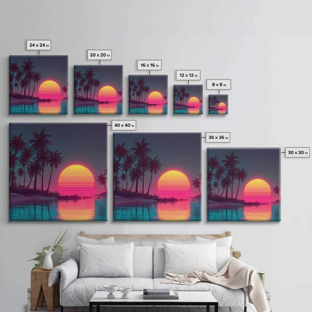Neon Tropical Palm Trees And Retro Sunset Beach Wall Art, Vaporwave Coastal Canvas Print, Aesthetic Room Decor