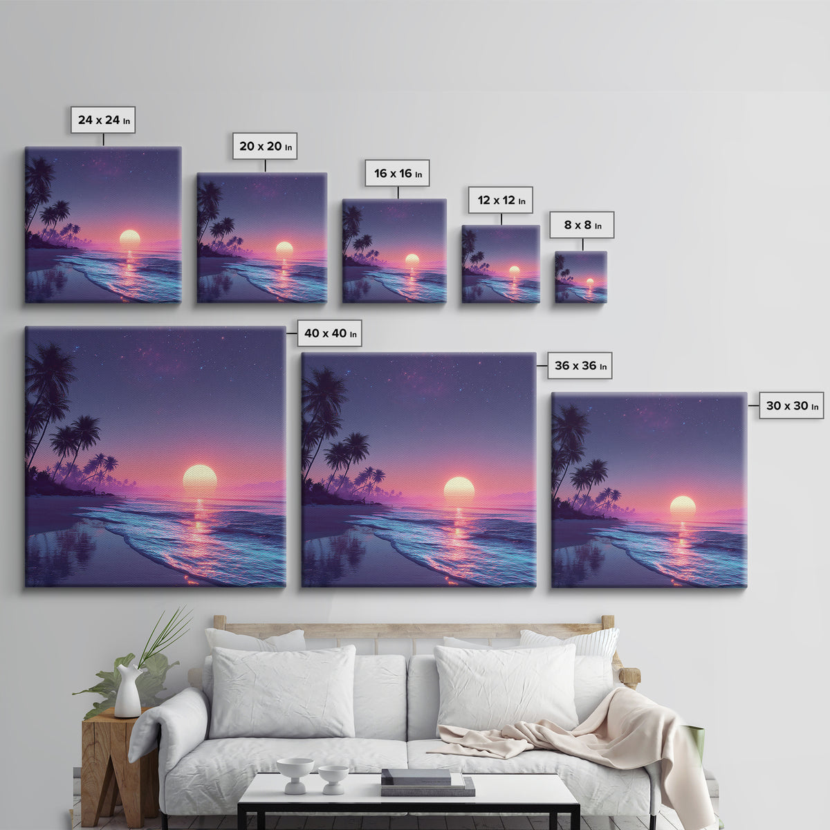 Tropical Neon Sunset Beach Wall Art, Palm Tree Coastal Landscape Print, Colorful Summer Home Decor Canvas Print