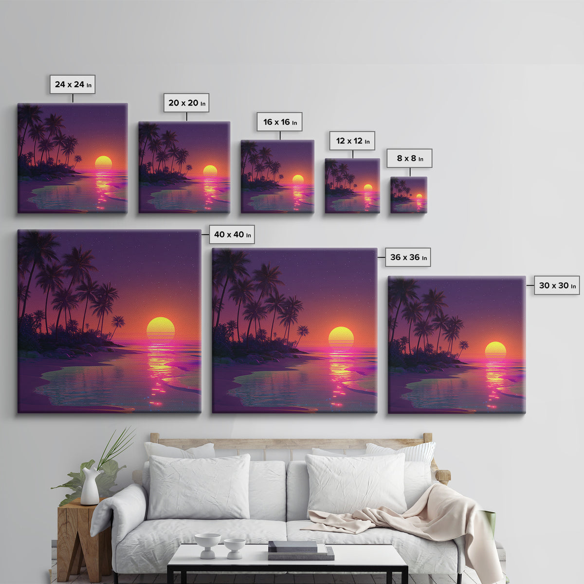 Neon Tropical Sunset Beach Wall Art, Retro Coastal Canvas Print, Summer Ocean Decor, Vibrant Modern Coastal Wall Art