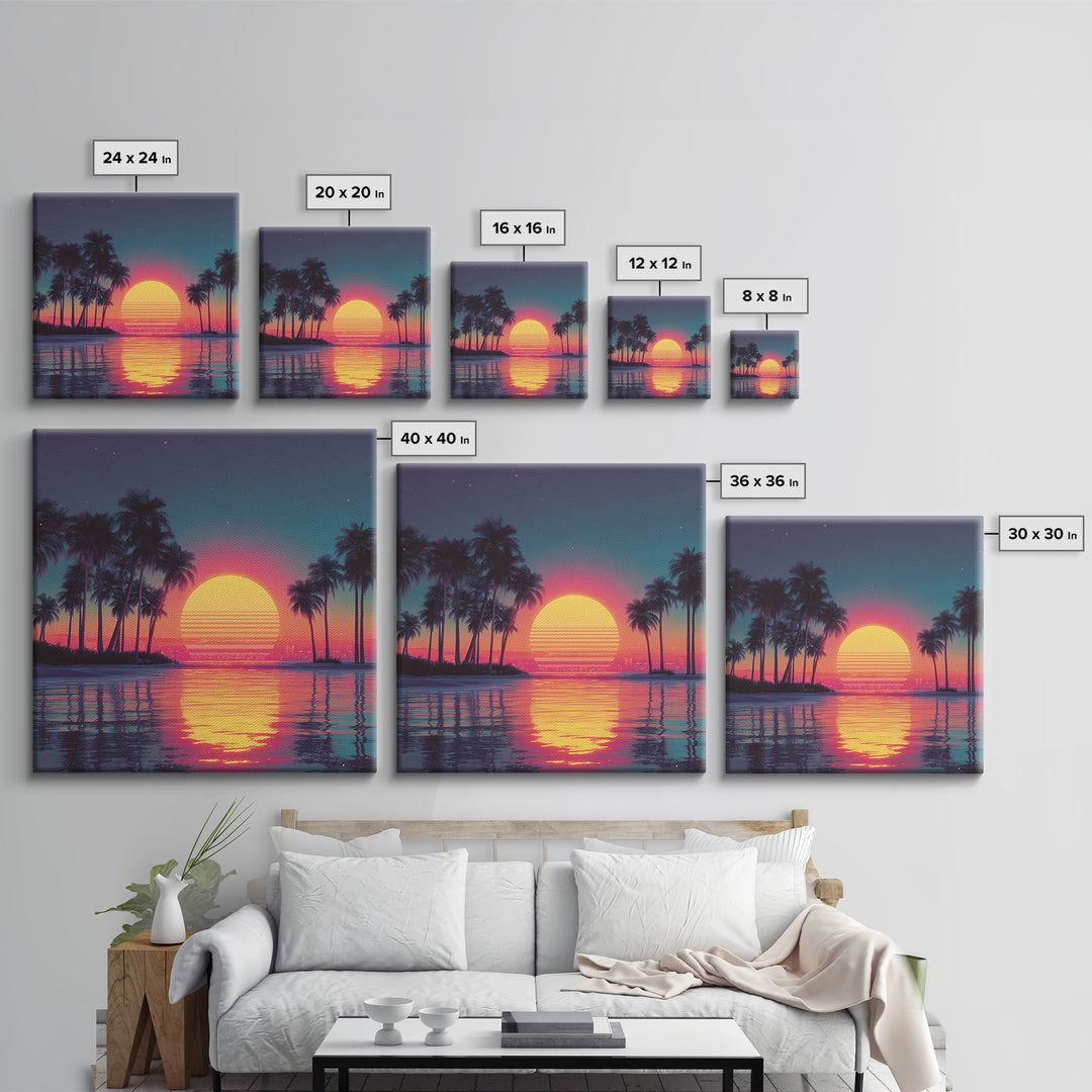 Dreamy Neon Palm Tree Sunset Beach Wall Art, Retro Coastal Landscape, Vibrant Summer Canvas Print Decor