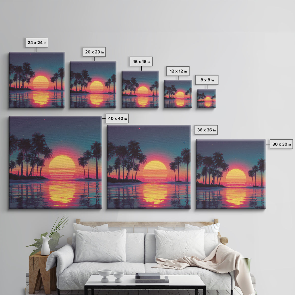 Dreamy Neon Palm Tree Sunset Beach Wall Art, Retro Coastal Landscape, Vibrant Summer Canvas Print Decor