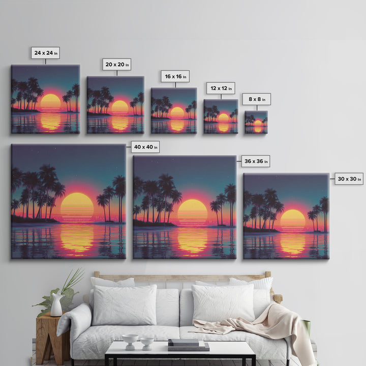 Dreamy Neon Palm Tree Sunset Beach Wall Art, Retro Coastal Landscape, Vibrant Summer Canvas Print Decor