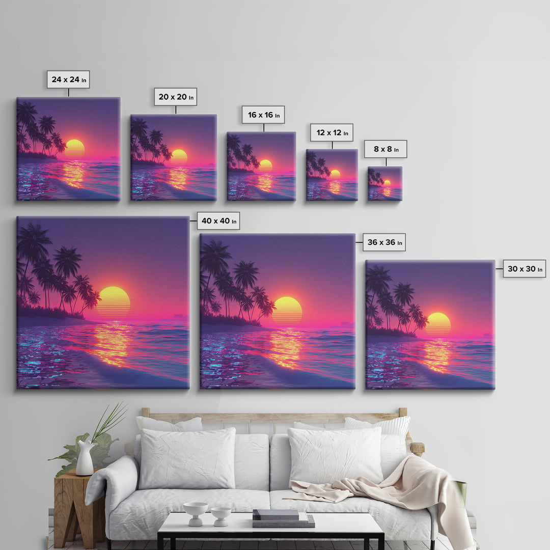 Neon Pink Beach Sunset Wall Art, Tropical Palm Tree Ocean Horizon Canvas Print, Coastal Summer Decor, Vibrant Seascape