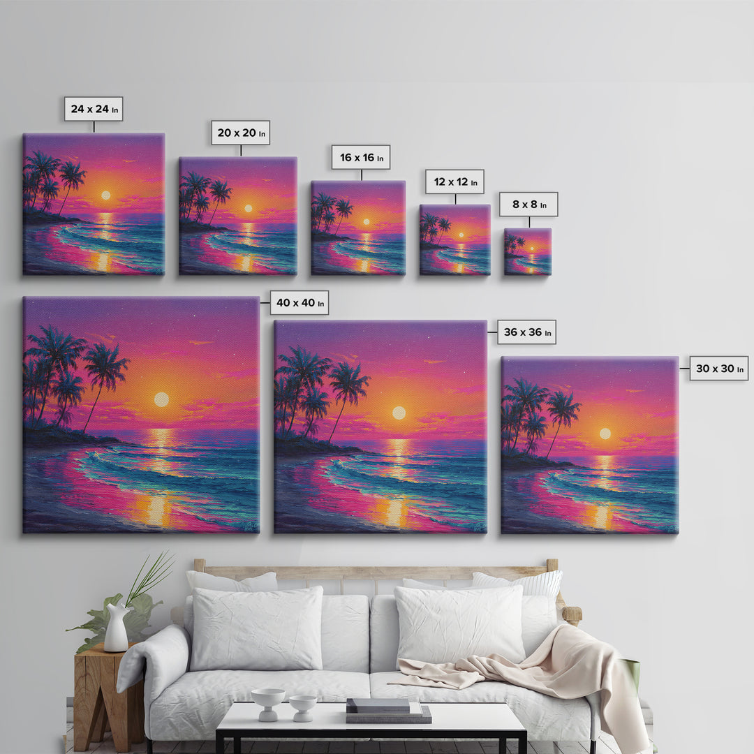 Vibrant Moonrise Beach Canvas Print, Colorful Tropical Ocean Wall Art, Coastal Sunset Painting For Bedroom Or Beach House