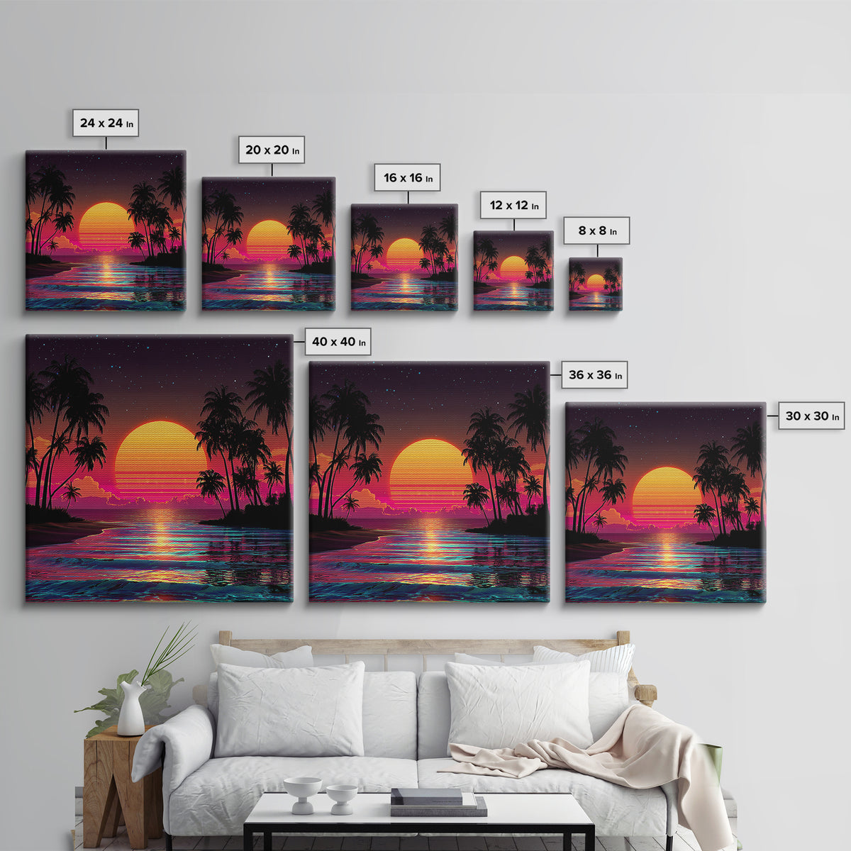 Neon Tropical Sunset Beach With Palm Trees Wall Art, Retro Coastal Print, Vibrant Summer Home Decor, Modern Canvas Print