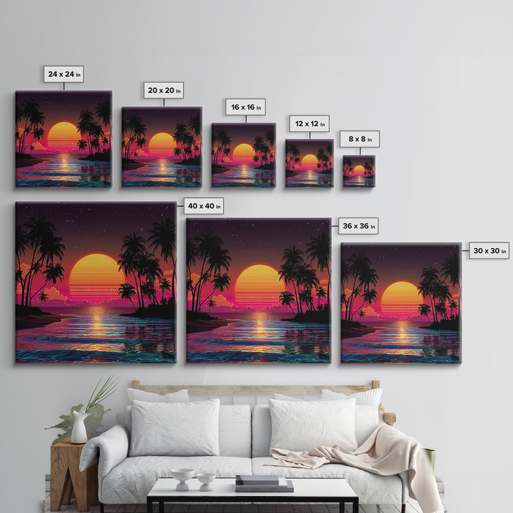 Neon Tropical Sunset Beach With Palm Trees Wall Art, Retro Coastal Print, Vibrant Summer Home Decor, Modern Canvas Print