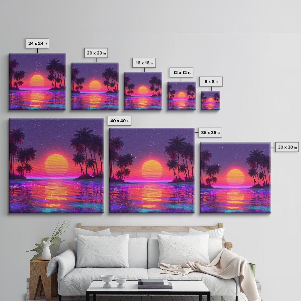 Vibrant Neon Tropical Sunset Beach Wall Art, Retro Wave Palm Landscape Canvas Print, Colorful Coastal Room Decor
