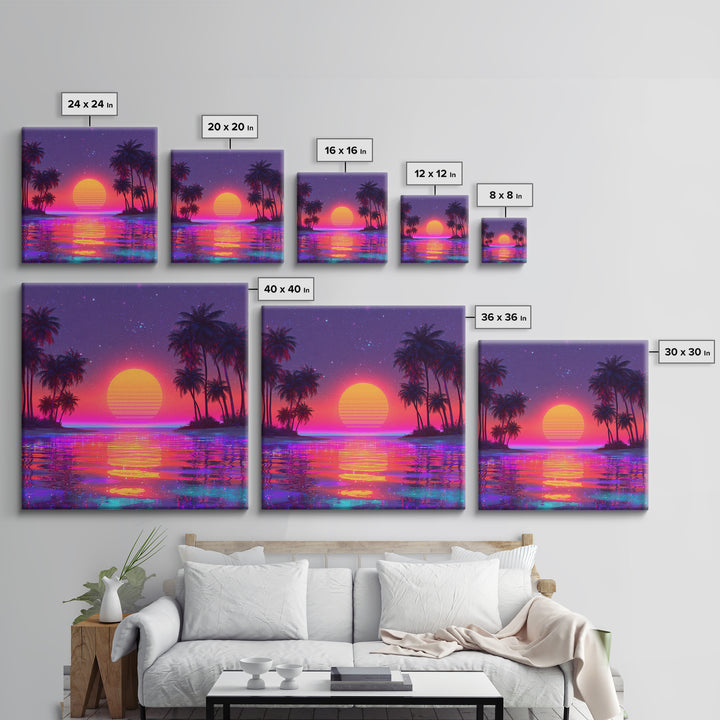 Vibrant Neon Tropical Sunset Beach Wall Art, Retro Wave Palm Landscape Canvas Print, Colorful Coastal Room Decor