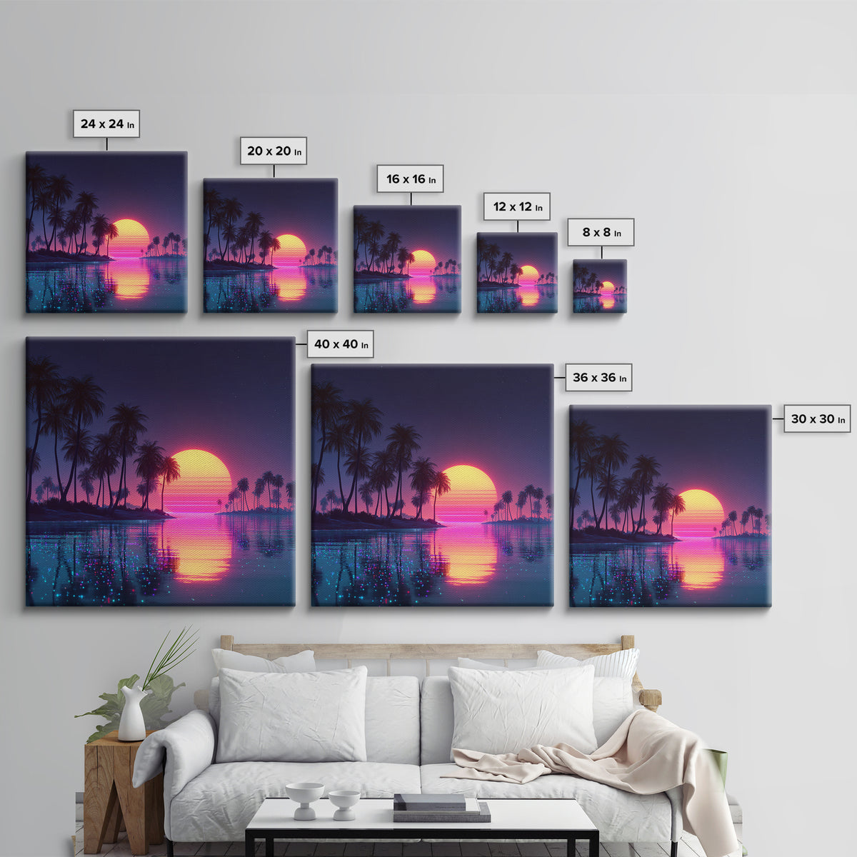 Sparkling Lagoon Neon Sunset With Palm Trees Wall Art, Retro Tropical Home Decor, Colorful Coastal Canvas Print