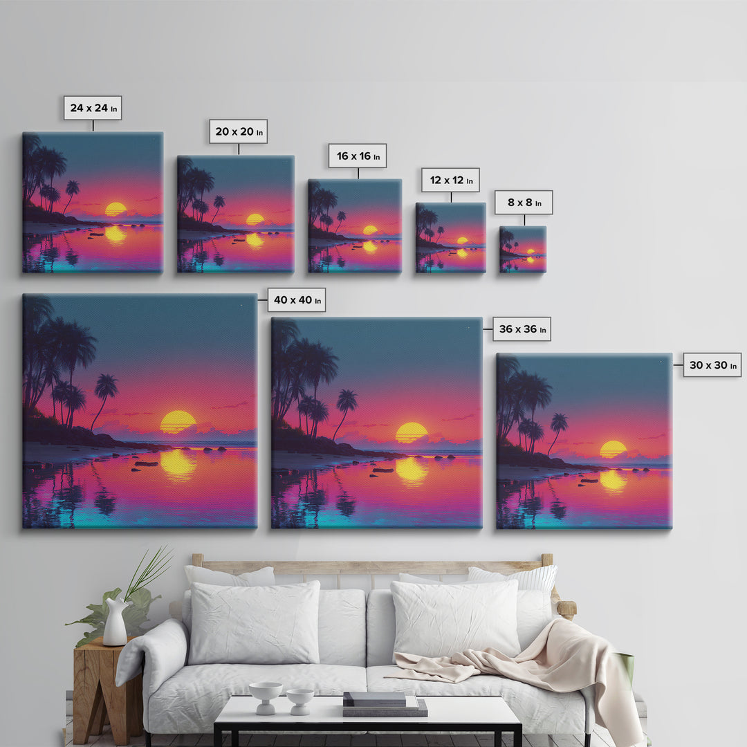 Neon Tropical Sunset Beach Wall Art, Vibrant Coastal Landscape Art Print, Modern Coastal Decor Canvas Print For Living Room