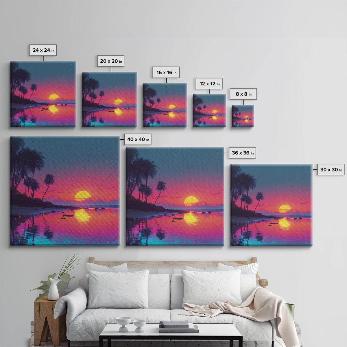 Neon Tropical Sunset Beach Wall Art, Vibrant Coastal Landscape Art Print, Modern Coastal Decor Canvas Print For Living Room