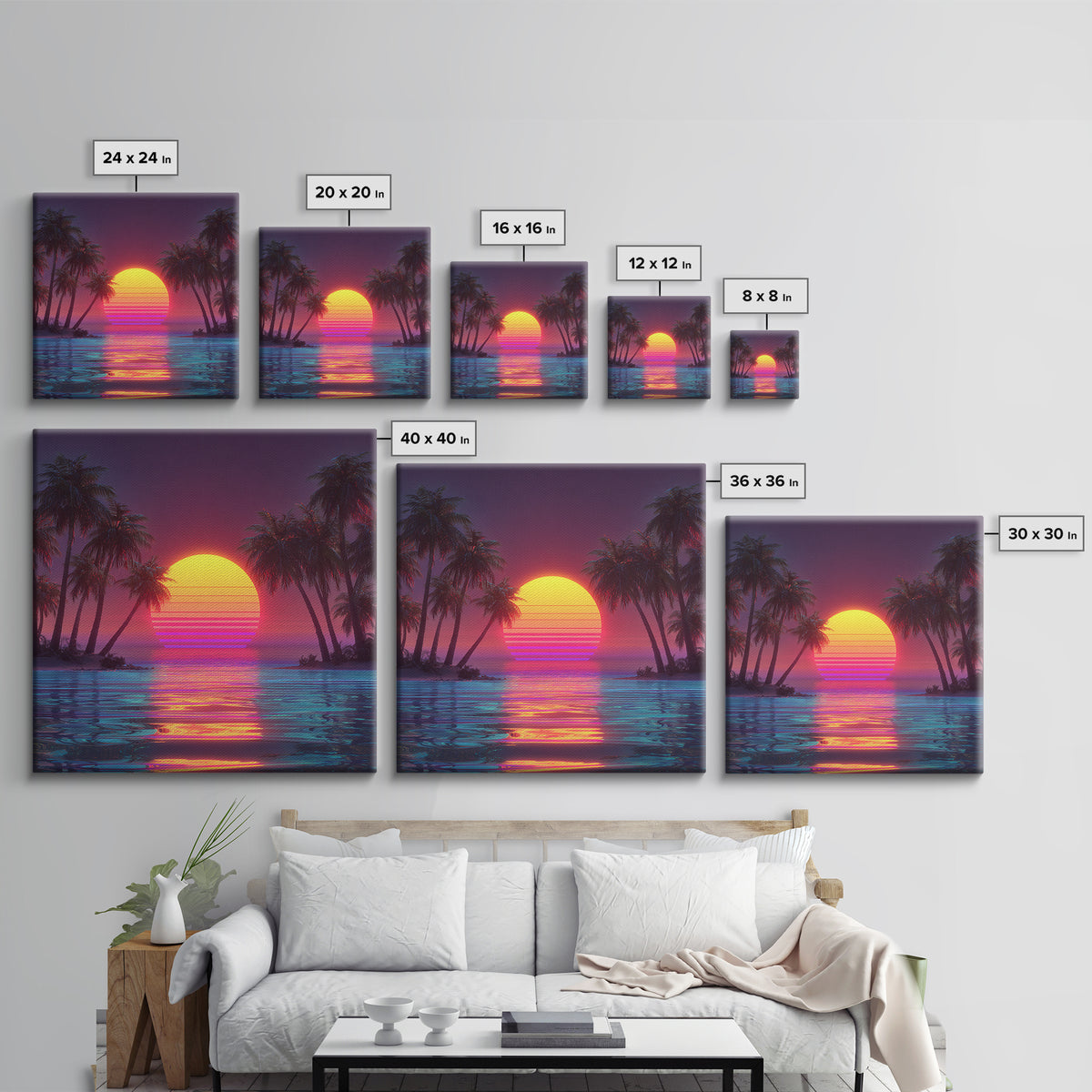 Vaporwave Tropical Sunset Beach Wall Art Canvas Print, Neon Coastal Landscape For Gaming Room And Modern Home Decor