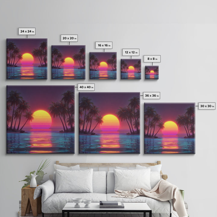 Vaporwave Tropical Sunset Beach Wall Art Canvas Print, Neon Coastal Landscape For Gaming Room And Modern Home Decor