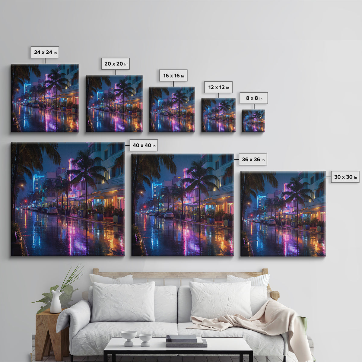 Neon Rainy City Street At Night Wall Art, Colorful Modern Urban Photography Print, Living Room Decor, Large Canvas Print
