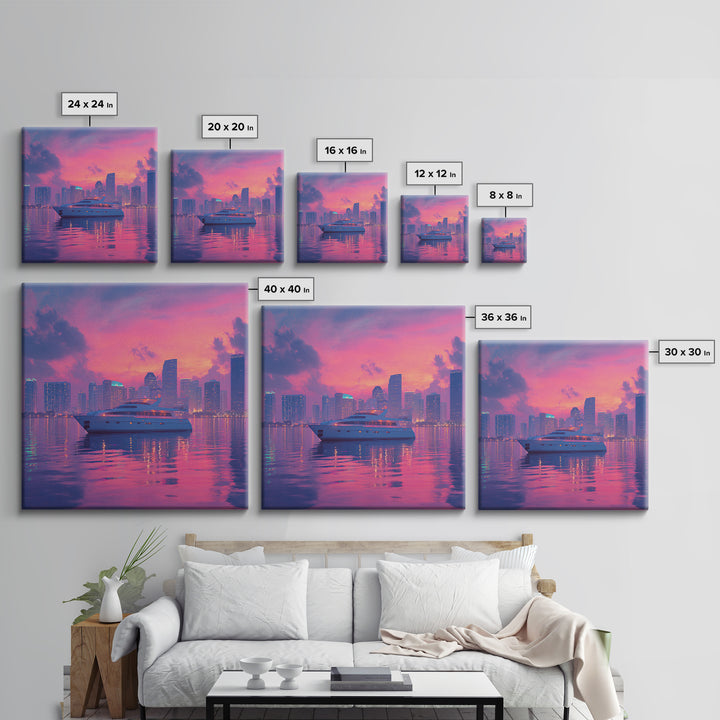 Luxury Yacht City Skyline At Sunset Wall Art, Modern Coastal Cityscape Canvas Print, Pink Sky Nautical Decor For Office Or Living Room