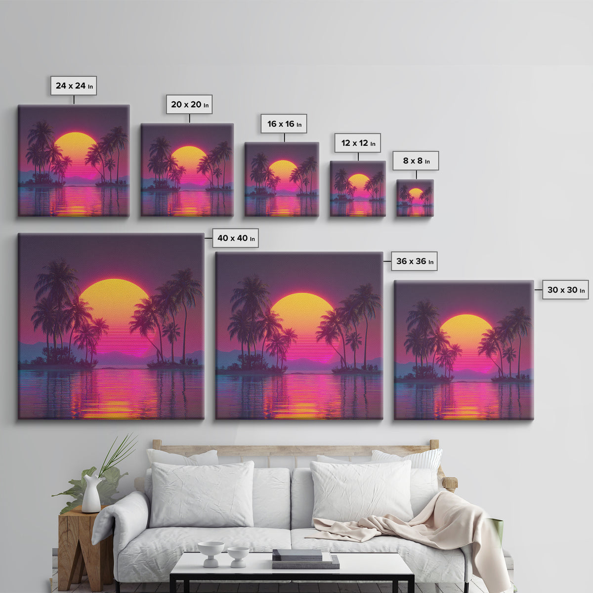 Neon Tropical Island Sunset Wall Art, Retro Synthwave Beach Landscape, Vibrant Coastal Decor, Modern Living Room Canvas Print