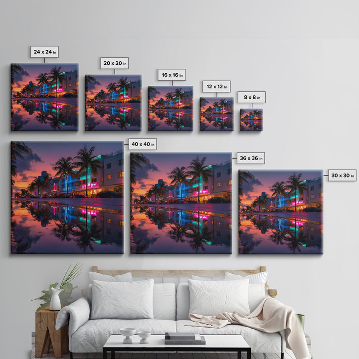 Miami Neon Night Cityscape Wall Art, Colorful South Beach Photography Print, Modern Urban Wall Decor Framed Canvas Print