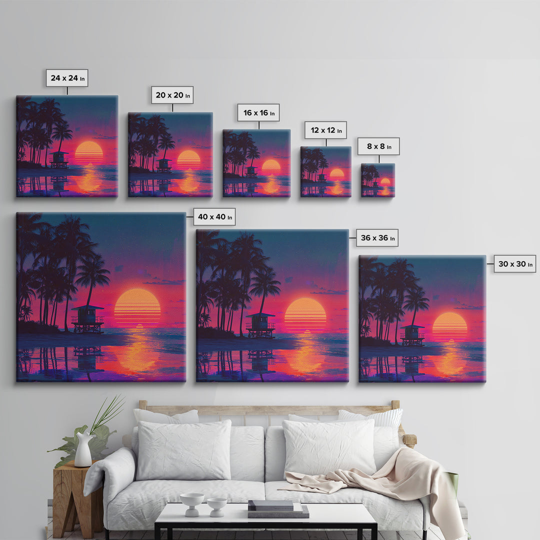 Tropical Neon Sunset Beach Canvas Print, Retro Coastal Wall Art, Palm Tree Ocean Decor Vibrant Living Room Wall Art