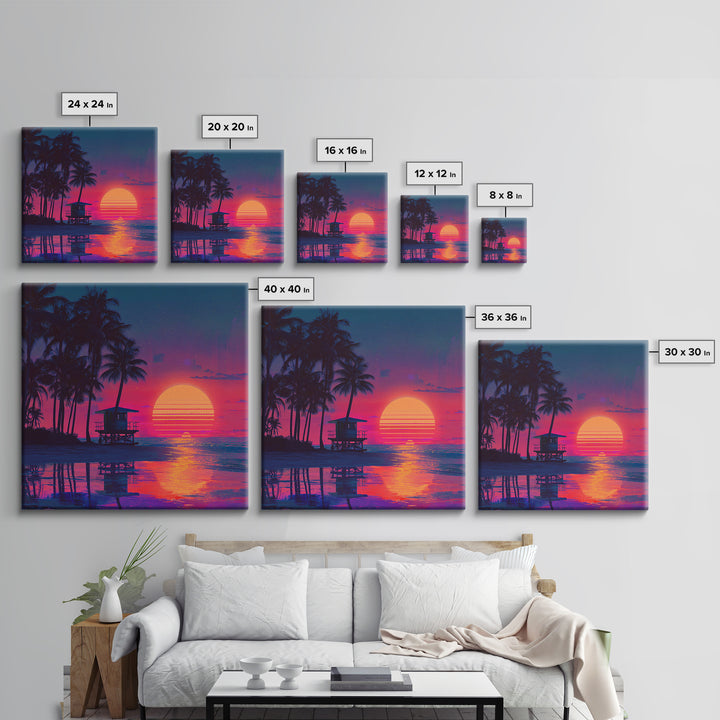 Tropical Neon Sunset Beach Canvas Print, Retro Coastal Wall Art, Palm Tree Ocean Decor Vibrant Living Room Wall Art