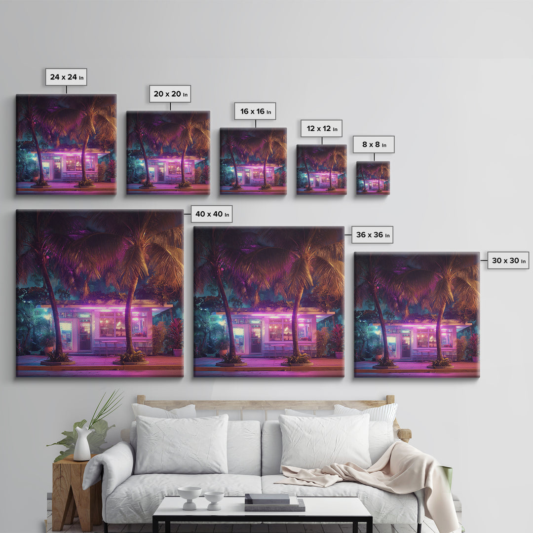 Neon Palm Tree Diner Night Scene Wall Art, Retro Tropical City Photography Canvas Print For Modern Urban Home Decor