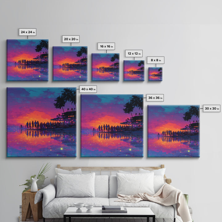 Neon Beach Sunset Party Wall Art, Colorful Coastal Canvas Print, Retro Futuristic Ocean Art, Summer Vibes Living Room Decor