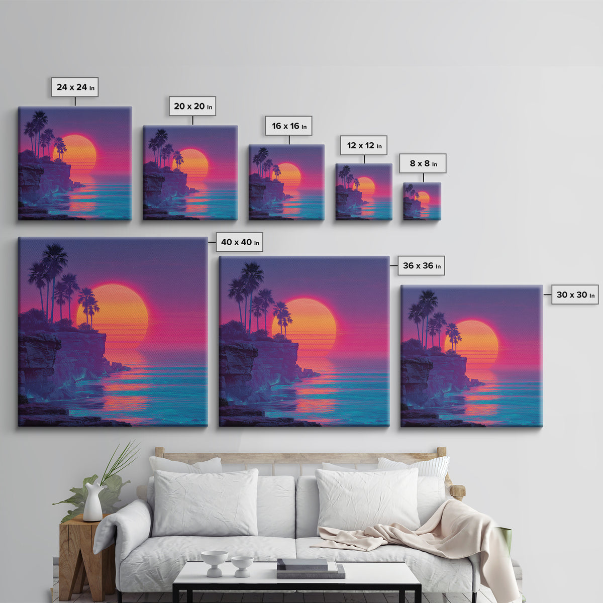 Neon Tropical Sunset Cliff Wall Art, Retro Coastal Ocean Canvas Print For Modern Coastal Decor And Vibrant Living Room