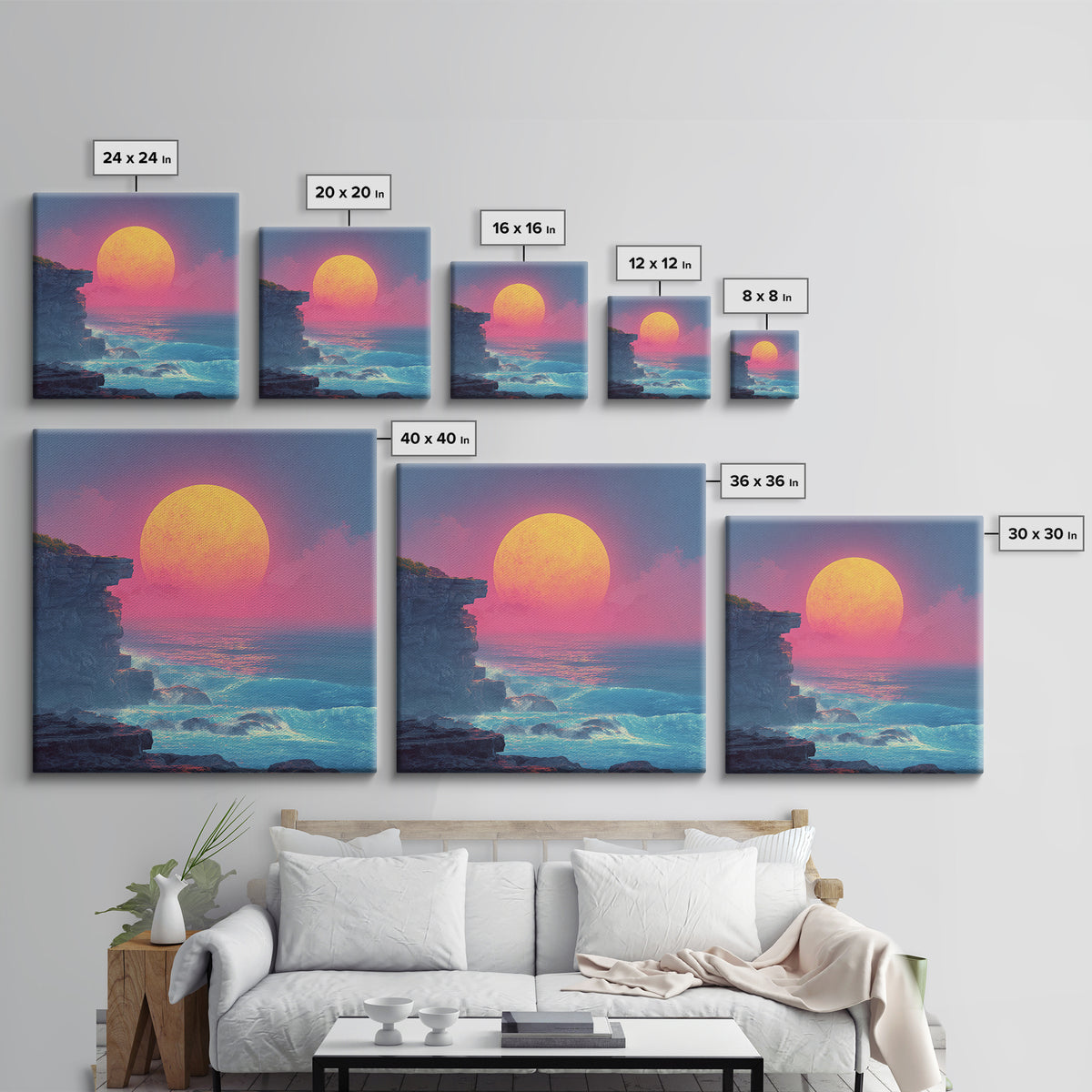 Surreal Neon Moon Over Ocean Cliff Painting Wall Art, Colorful Fantasy Seascape Print, Modern Coastal Abstract Decor