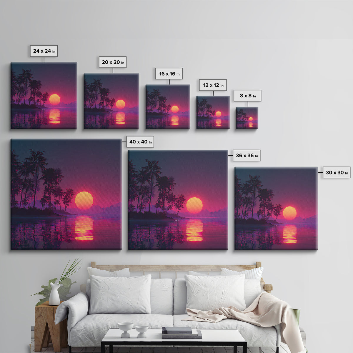 Neon Tropical Sunset Palm Tree Beach Wall Art, Vibrant Retro Coastal Landscape Canvas Print Home Decor