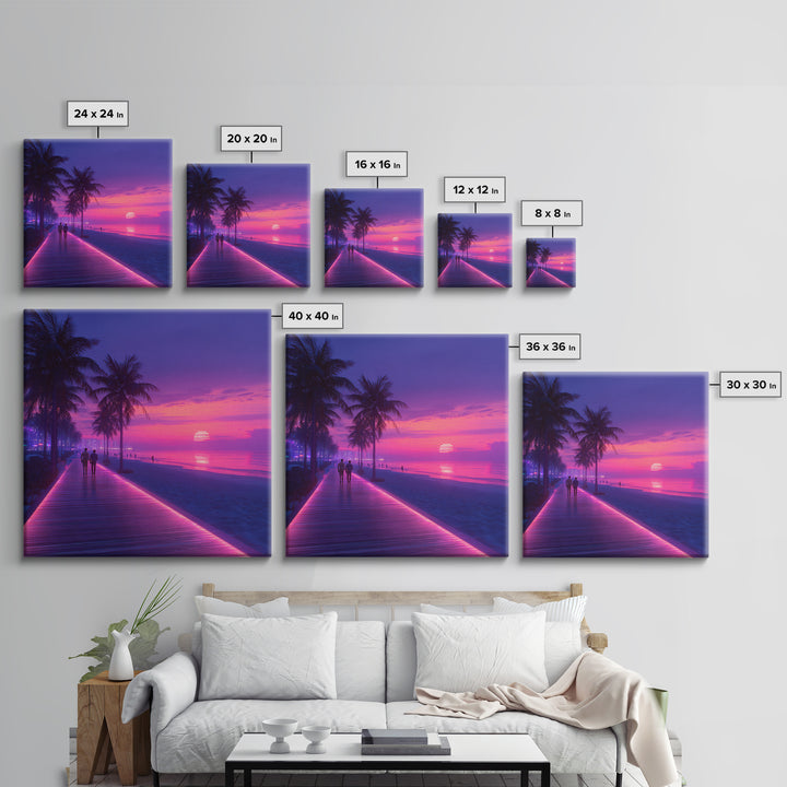Neon Pink Boardwalk Beach Sunset Wall Art Retro Coastal Vibes Colorful Modern Home Decor Large Canvas Print Living Room Wall Art
