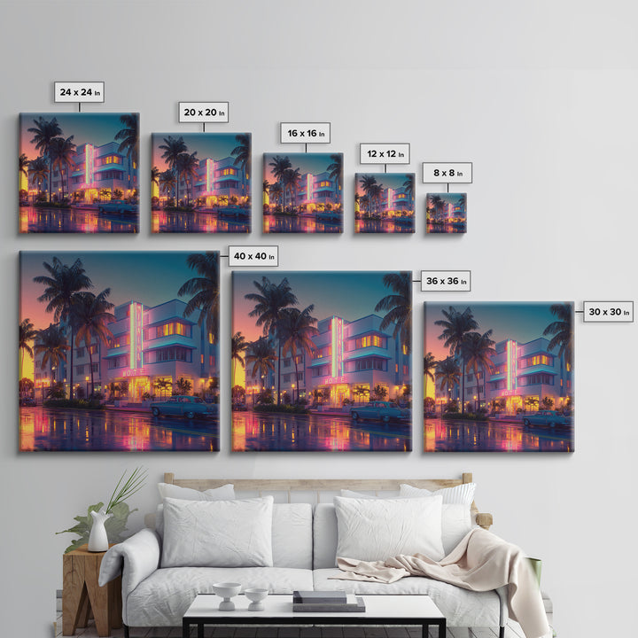 Miami Art Deco Hotel Night Cityscape Wall Art, Neon Coastal Canvas Print, Retro Urban Home Decor For Living Room