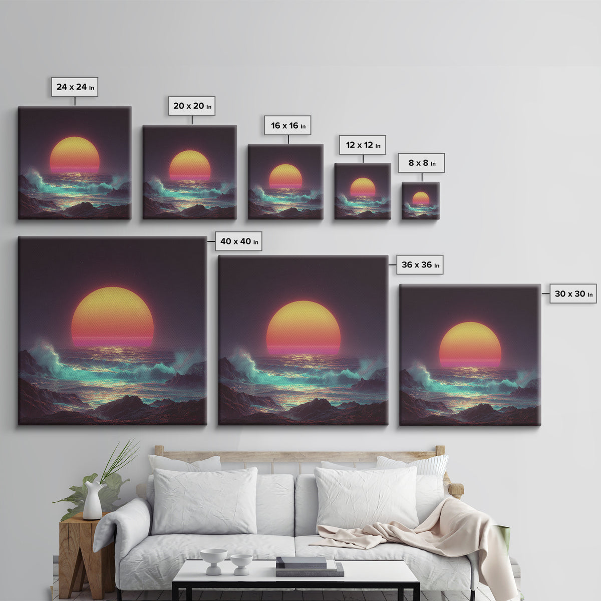 Vibrant Neon Ocean Sunset Waves Night Sky Wall Art Canvas Print Modern Coastal Decor Beach House Living Room Wall Art