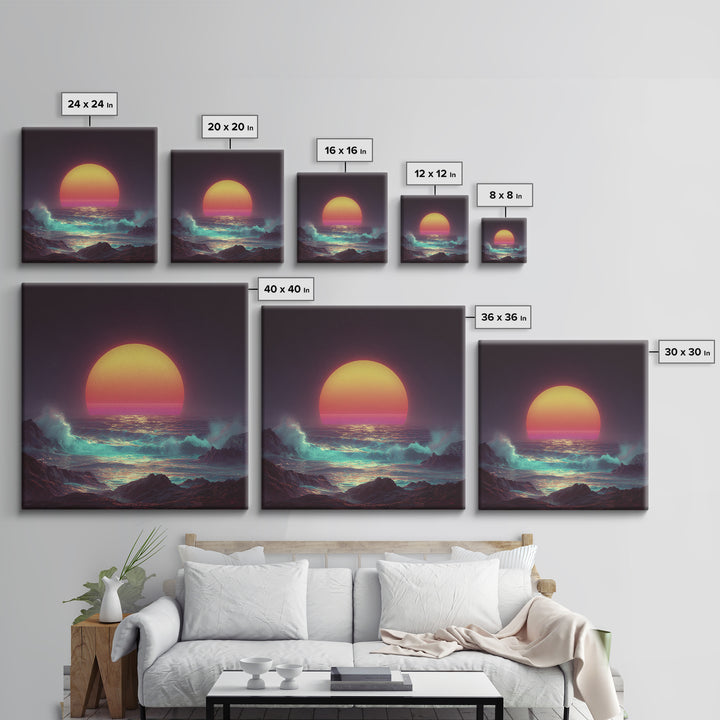 Vibrant Neon Ocean Sunset Waves Night Sky Wall Art Canvas Print Modern Coastal Decor Beach House Living Room Wall Art