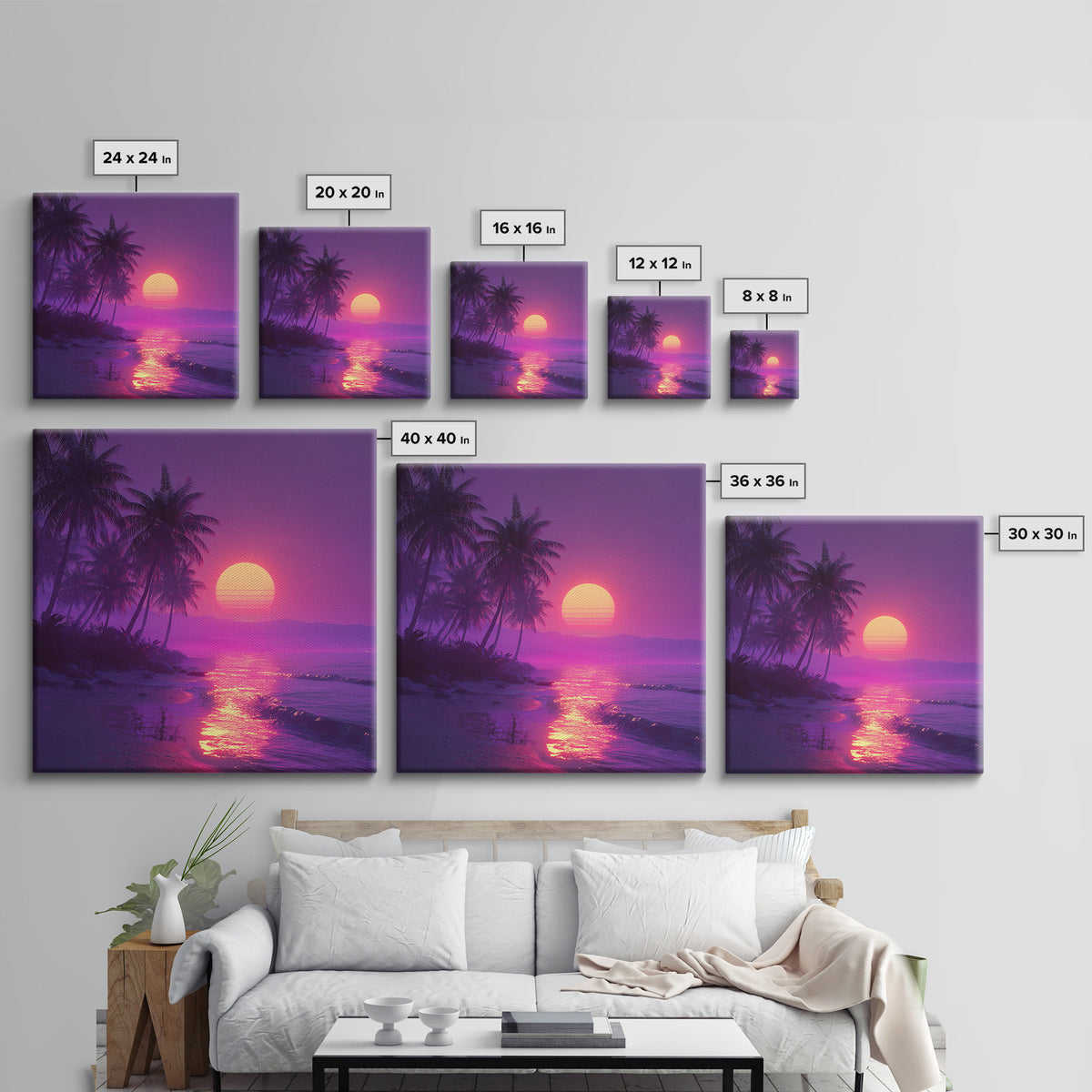 Neon Tropical Beach Sunset Wall Art, Vaporwave Palm Trees Canvas Print, Coastal Retro Ocean Art For Bedroom Or Living Room Decor