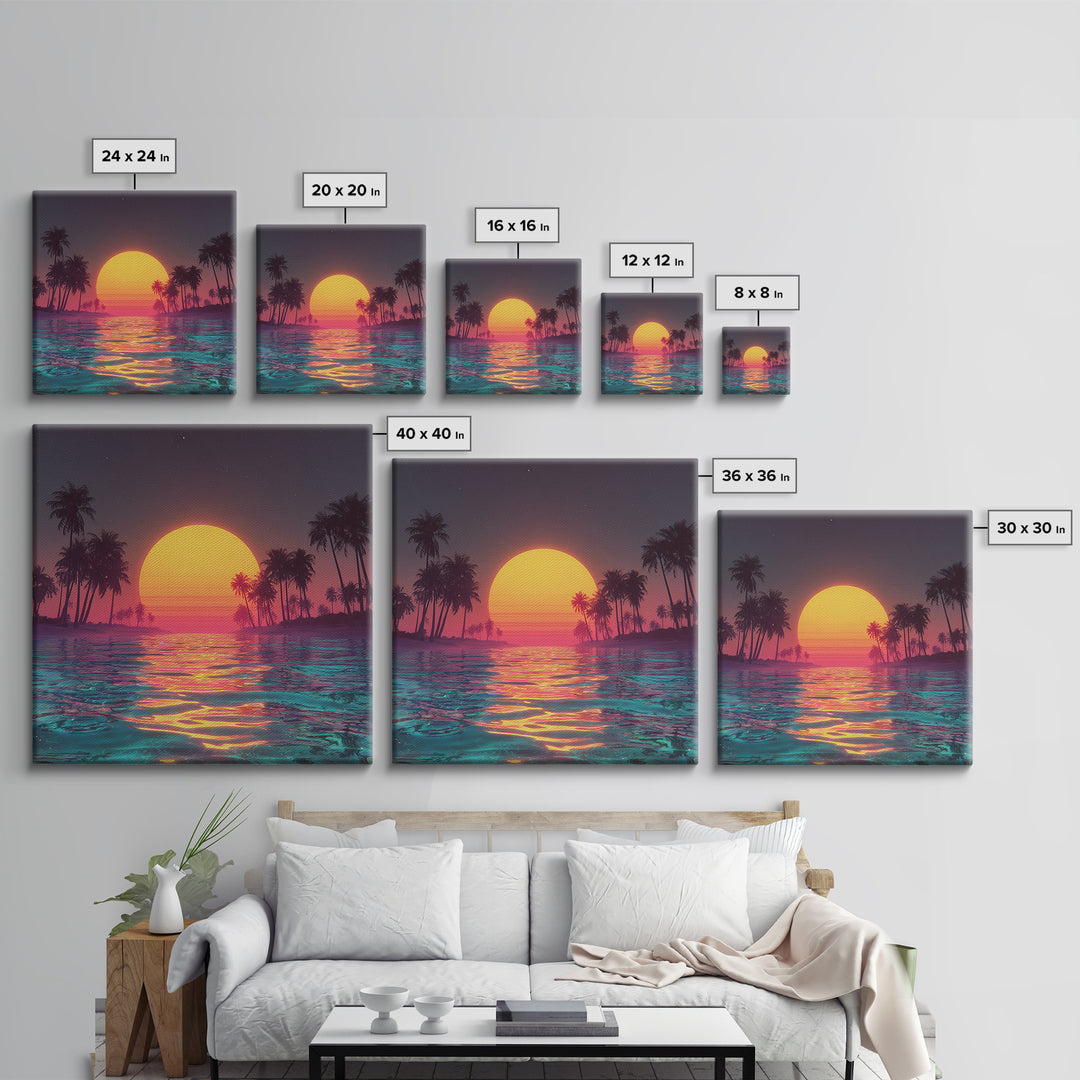 Neon Sunset Palm Beach Wall Art For Coastal Home Decor, Retro Tropical Ocean Canvas Print, Modern Coastal Wall Art
