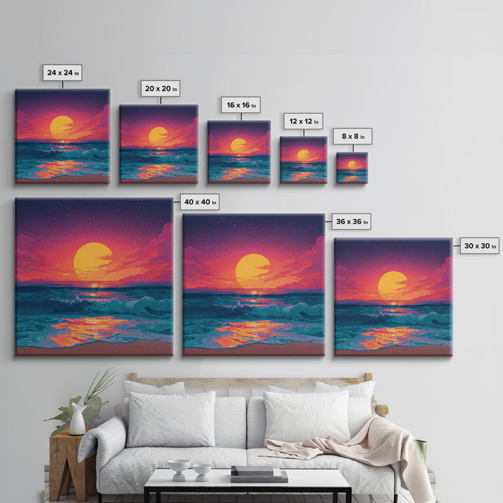 Colorful Ocean Sunset Waves Wall Art, Retro Beach Canvas Print, Modern Coastal Decor, Vibrant Seascape Living Room Art