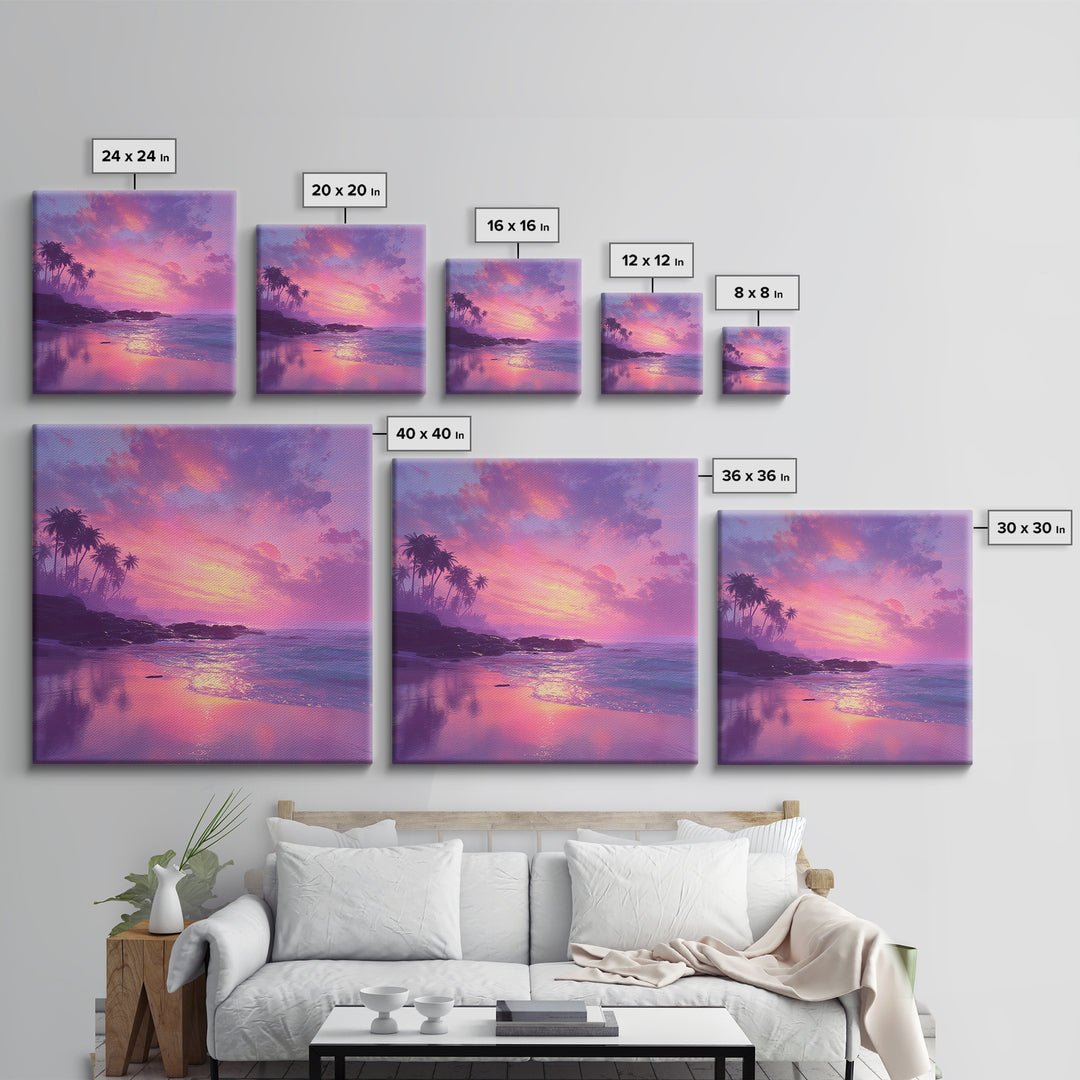 Dreamy Pink Ocean Sunset Wall Art, Tropical Beach Landscape Canvas Print, Pastel Coastal Home Decor For Living Room