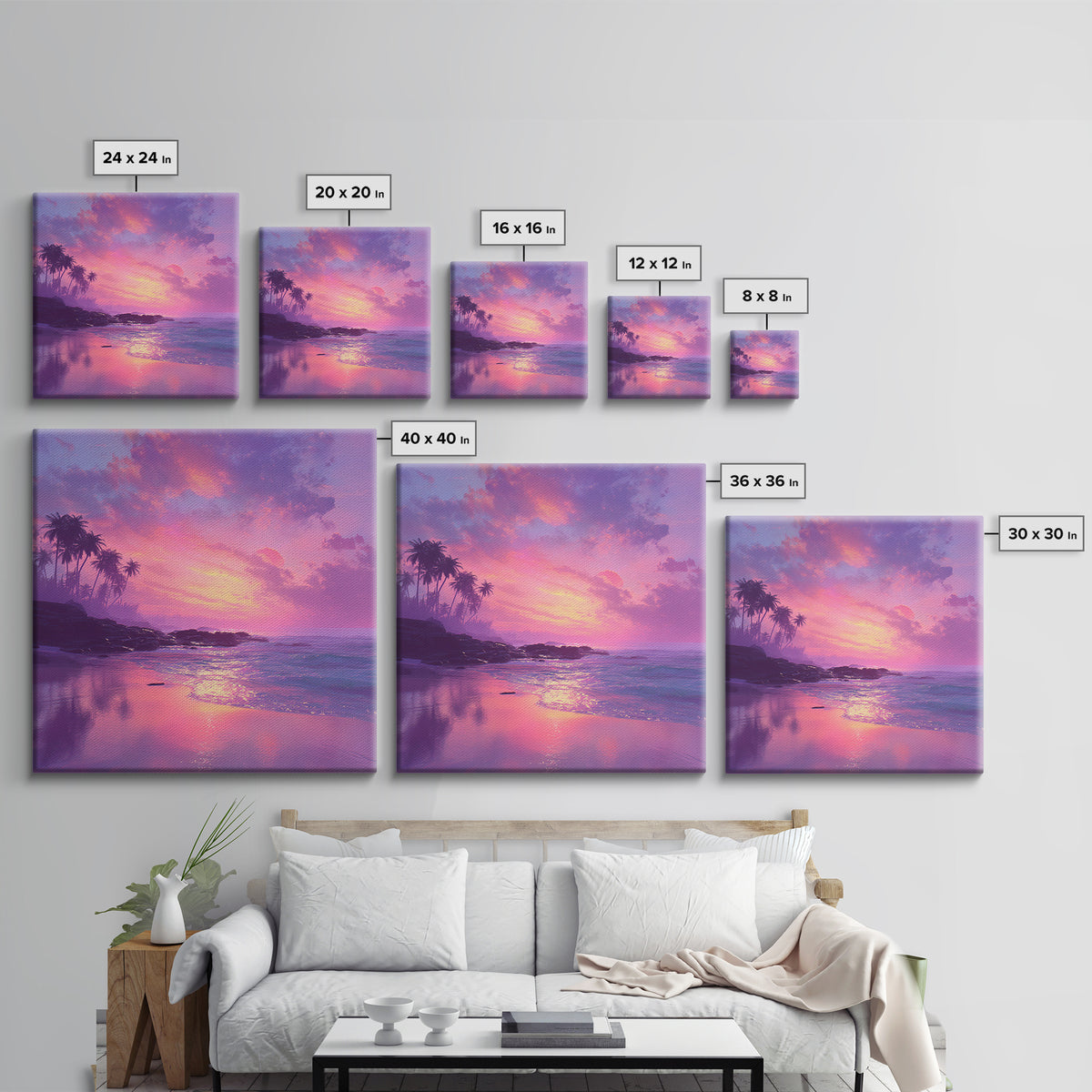 Dreamy Pink Ocean Sunset Wall Art, Tropical Beach Landscape Canvas Print, Pastel Coastal Home Decor For Living Room
